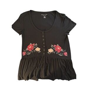 American Eagle Outfitters Black Top with Floral Embroidery